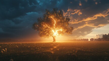 Glowing Tree in a Field at Dusk