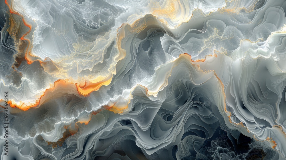 Poster swirling abstract patterns with flowing lines and soft hues of gray and orange