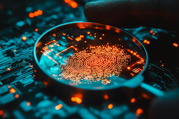 Technology concept of fingerprint, magnifying glass, digital circuit.