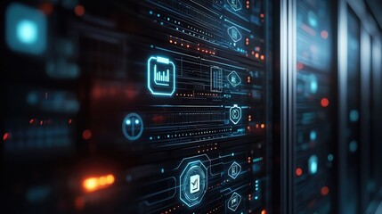 Futuristic data center wall with digital icons, showcasing technology and innovation in data management and storage.