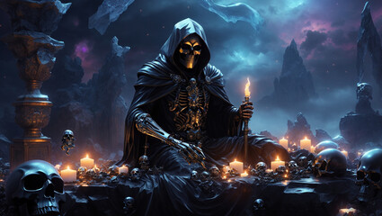 Naklejka premium A figure in a dark cloak sits on a table with skulls and candles. The figure is holding a lit candle.