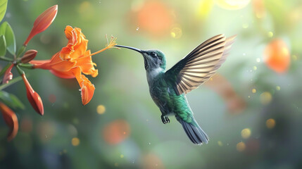 Naklejka premium hummingbird drinking nectar from an orange flower