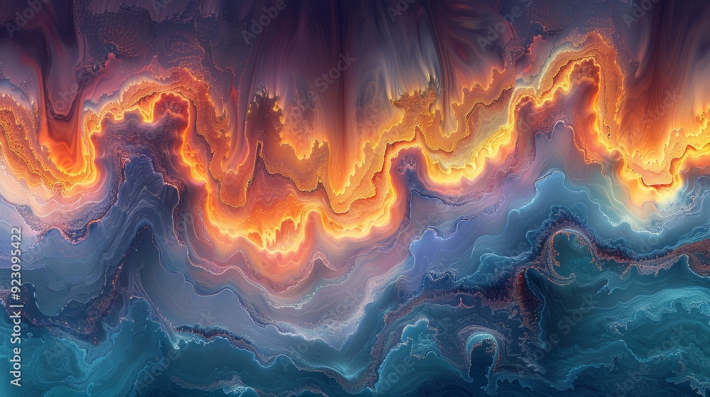 Poster abstract colorful waves of orange and blue fluid art creating a dynamic texture reminiscent of molte