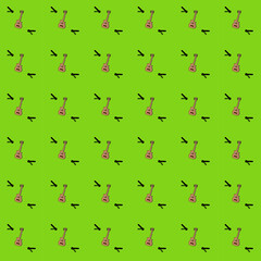 Beautiful guitar isolated on green background. Seamless pattern of textile. Surface pattern of curtain. Tablecloth and wrapped paper gift design concept. 