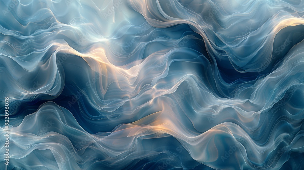 Poster ethereal waves of blue and soft hues flowing smoothly in a tranquil abstract composition