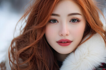 Naklejka premium A woman with red hair and a white coat