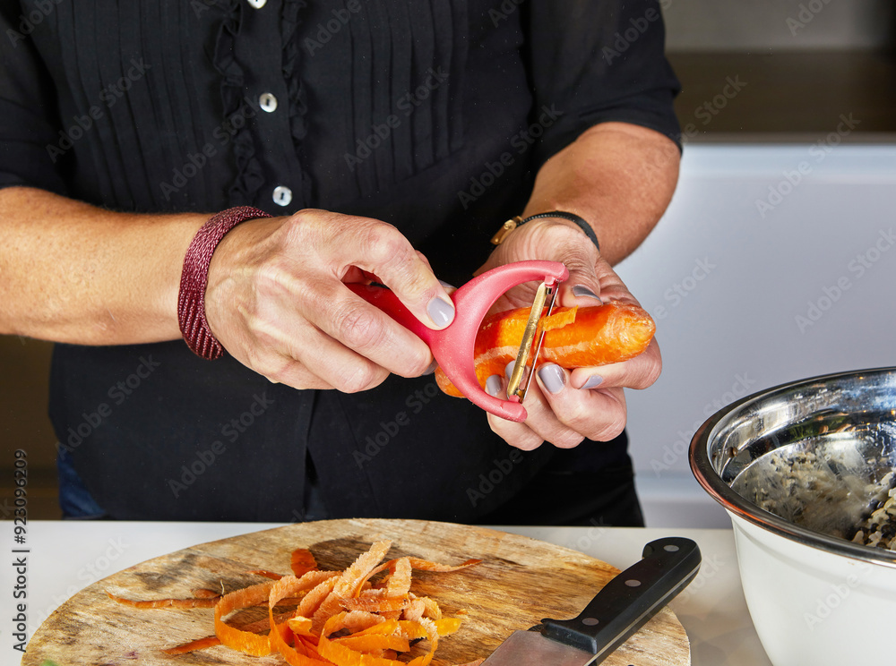 Sticker Hands Chopping Carrots on Wooden Board