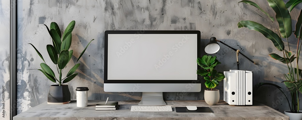 Poster modern home office desk setup with computer and plants