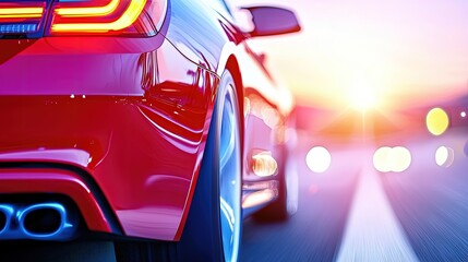Fototapeta premium Dynamic Red Car Scene with Nighttime Context
