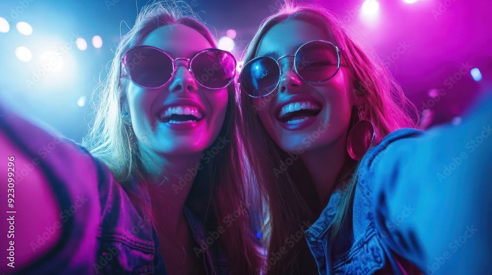 Wall mural energetic selfie of female friends enjoying live music concert in arena lifestyle photo