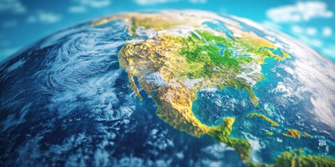 Fototapeta premium Globular Odyssey: A Detailed World Map on a Sphere Showcasing Continents and Oceans, Highlighting International Travel and Environmental Science