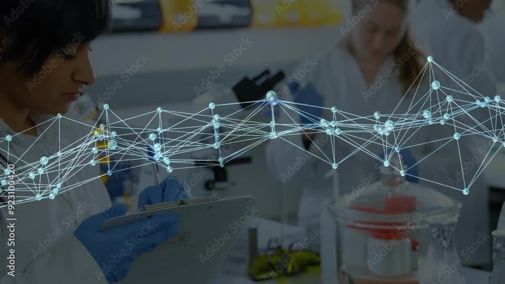 Poster scientists in laboratory, processing data and network of connections animation