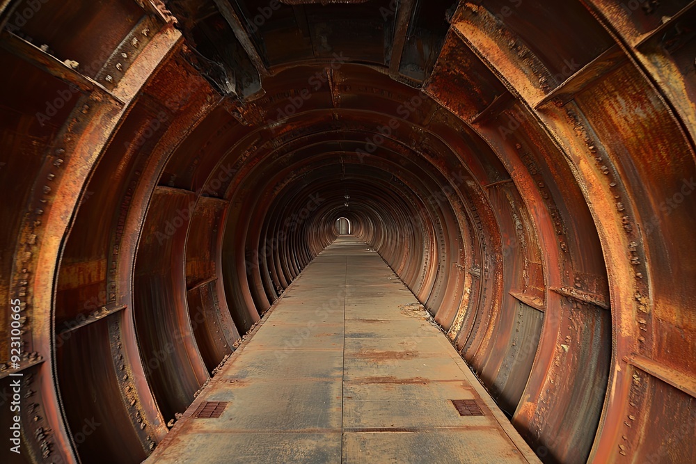 Poster rusty tunnel interior leading to a distant light, showcasing industrial design and weathered metal s