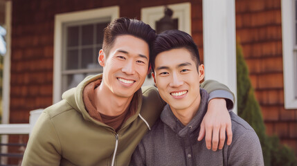 Fototapeta premium Two happy Asian gay men have a new house against the backdrop of their new house in the yard.