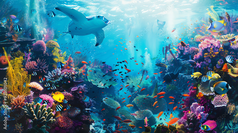 Wall mural coral reef with a sea turtle and many colorful fish