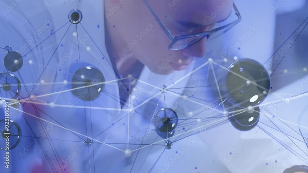 Poster processing data and network connections animation over scientist working in laboratory