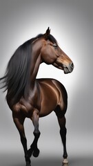 Close-up of a brown horse with mane and tail blowing looking over its shoulder.