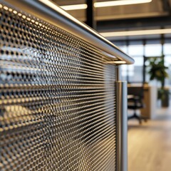 A modern office corridor with sleek stainless steel railing, bathed in sunlight, highlighting the clean, minimalist design.
