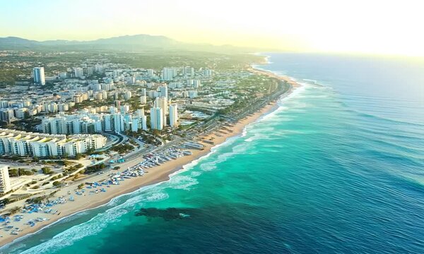 Drone shot captures the ongoing development and construction in Playa Flamenca, showcasing urban expansion along the bustling coastline of Orihuela, Costa Blanca, Spain.
