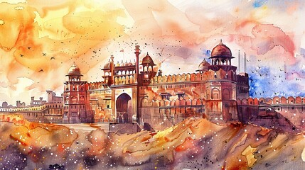 Delhi's Red Fort in Watercolor Illustration