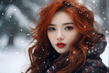 A woman with red hair and a red scarf is standing in the snow