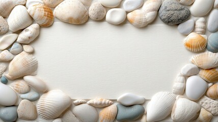 Obraz premium Mosaic frame made of seashells and pebbles surrounding a blank canvas.