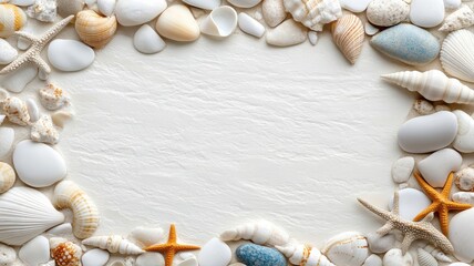 Obraz premium Mosaic frame made of seashells and pebbles surrounding a blank canvas.