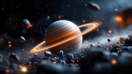 Naklejka premium Ringed planet with nebula and stars in the background.