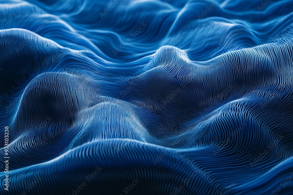 Poster abstract blue waves with intricate patterns resembling ocean currents in a digital landscape. genera