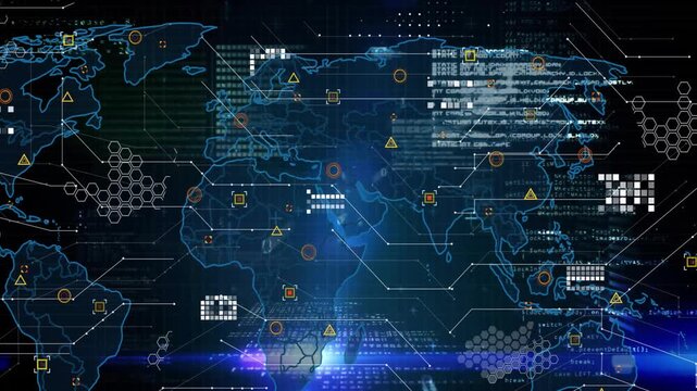 World map with data processing and cybersecurity animation over digital background