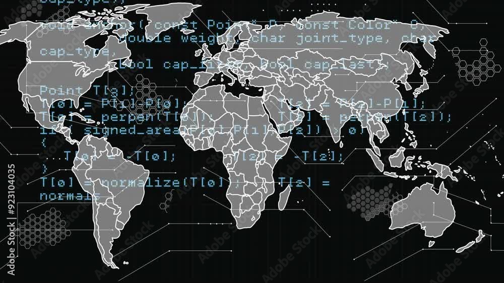 Aufkleber World map with programming code animation over continents and hexagonal patterns