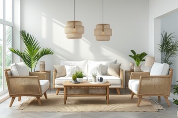 Interior of living room with green houseplants and sofas, scandinavian style