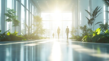 people walking in a modern office, blurred background