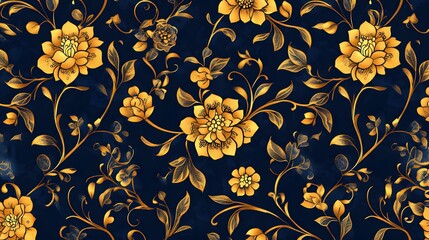 Thai style seamless pattern featuring golden flowers and vines, arranged in a traditional design