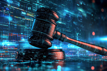 Stylized digital rendering of a judge's gavel in a vibrant, futuristic circuitry landscape with neon lighting