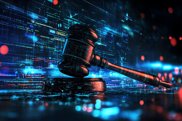 Stylized digital rendering of a judge's gavel in a vibrant, futuristic circuitry landscape with neon lighting