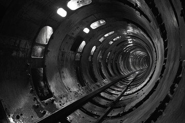 A dark tunnel with metal walls and railway tracks leading into the distance, illuminated by scattered lights inside. Generative AI