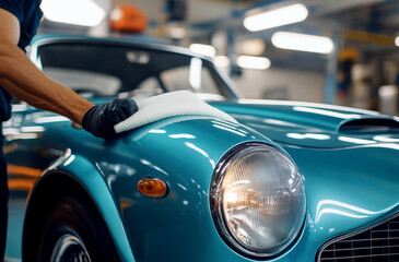 a man with gloves is polishing the car with a microfiber cloth. Car detailing, wiping or cleaning concepts