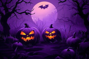 Fototapeta premium scary halloween Pumpkin Out Of A Graveyard cemetery dark Night full moon bats on tree. Holiday event halloween banner background concept.