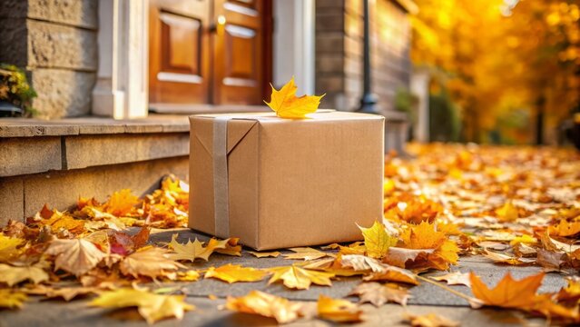 A brown cardboard box with a shipping label is left on a doorstep, surrounded by autumn leaves, with a subtle blur effect for a sense of motion.