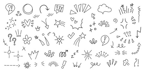 Set anime emotion effect. hand-drawn cute cartoony expression sign doodle line stroke.