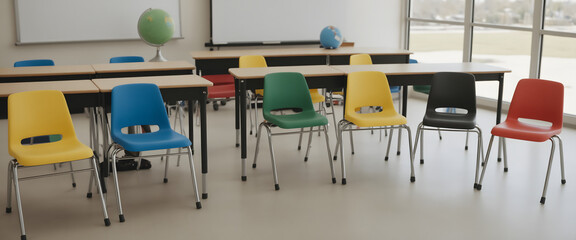 An Empty classroom of kids filled with chairs