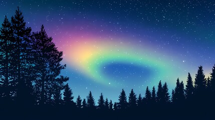 Silhouetted pine trees against a night sky filled with stars and a vibrant aurora borealis.