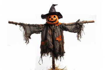 Fototapeta premium Halloween scarecrow. Eerie creepy scarecrow in a hat standing on isolated white background.