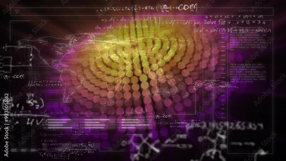 Poster animating mathematical equations and scientific data over abstract colorful background