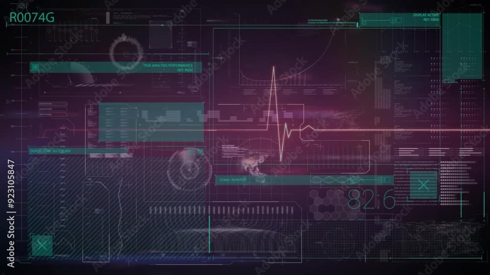 Poster heartbeat and medical data processing animation over futuristic digital interface