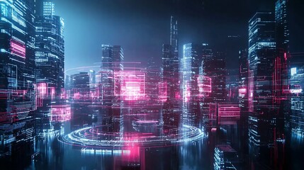 AI-controlled world, advanced technology, futuristic urban landscape, holographic displays