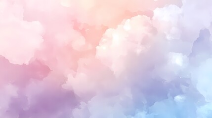 Abstract watercolor background with pastel pink, blue, and white clouds.