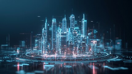 Fototapeta premium Futuristic cityscape, AI governance, digital control, holographic interfaces