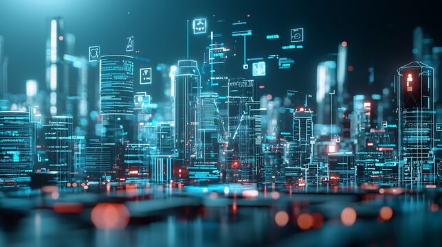 Futuristic cityscape, AI governance, digital control, holographic interfaces